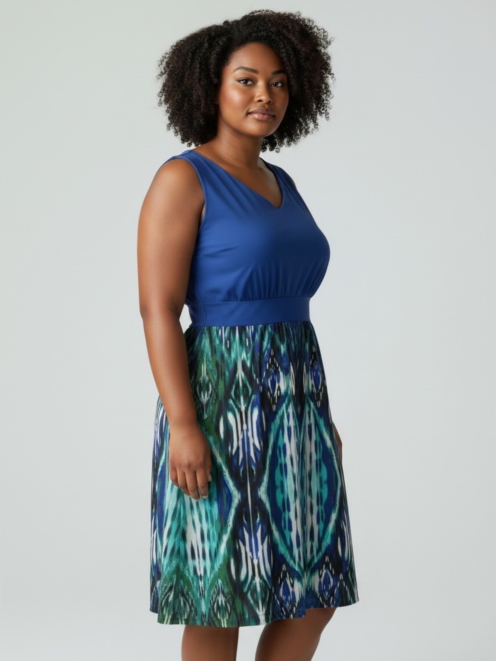 Sleeveless Cobalt Blue V-Neck Midi Dress with Ikat Print Skirt